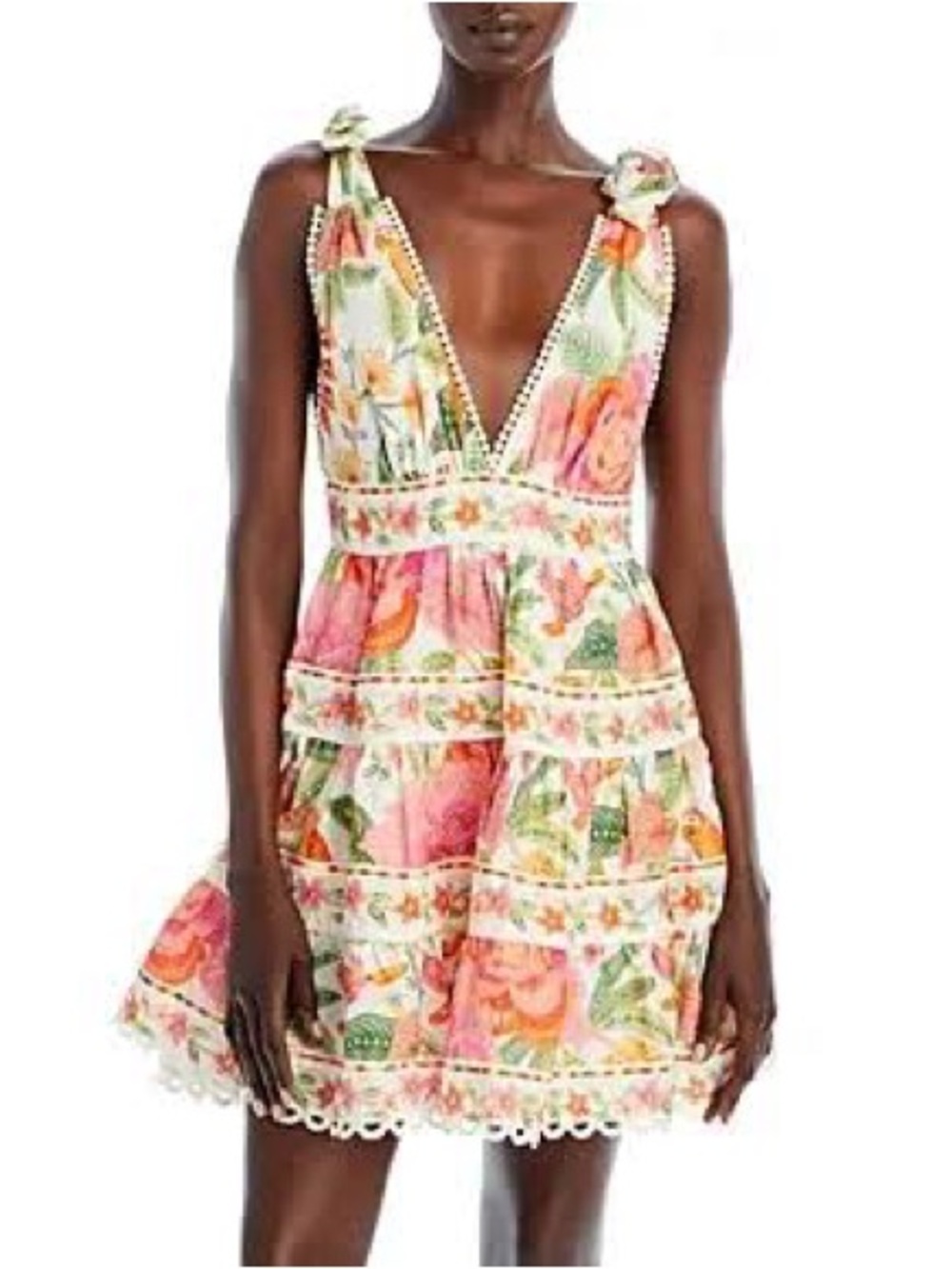 FARM Rio Pink & Green Floral Tie-Shoulder V-Neck Mini Dress